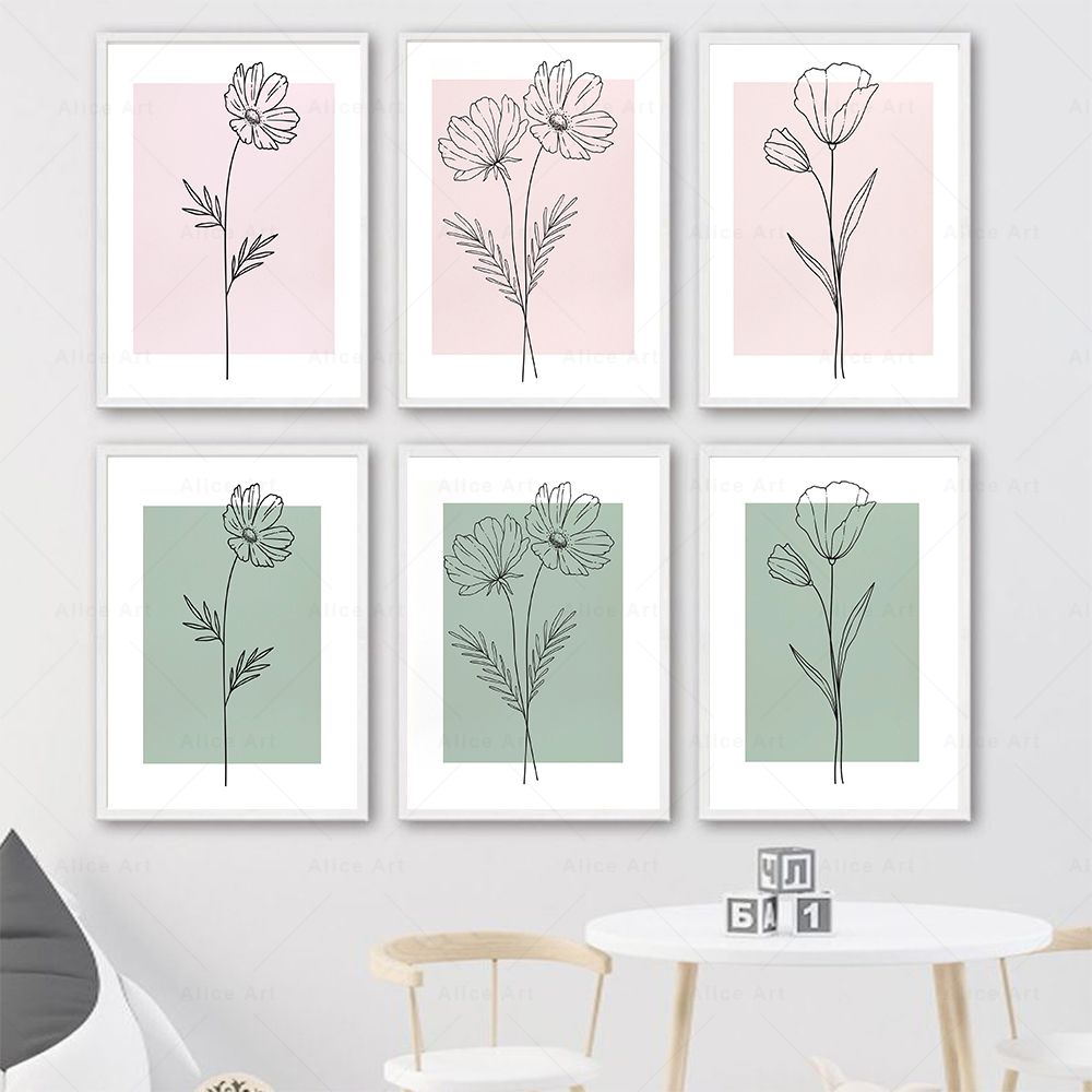 Resin Art Flower - Botaniczne rysunki liniowe kwiaty różowe zielone
